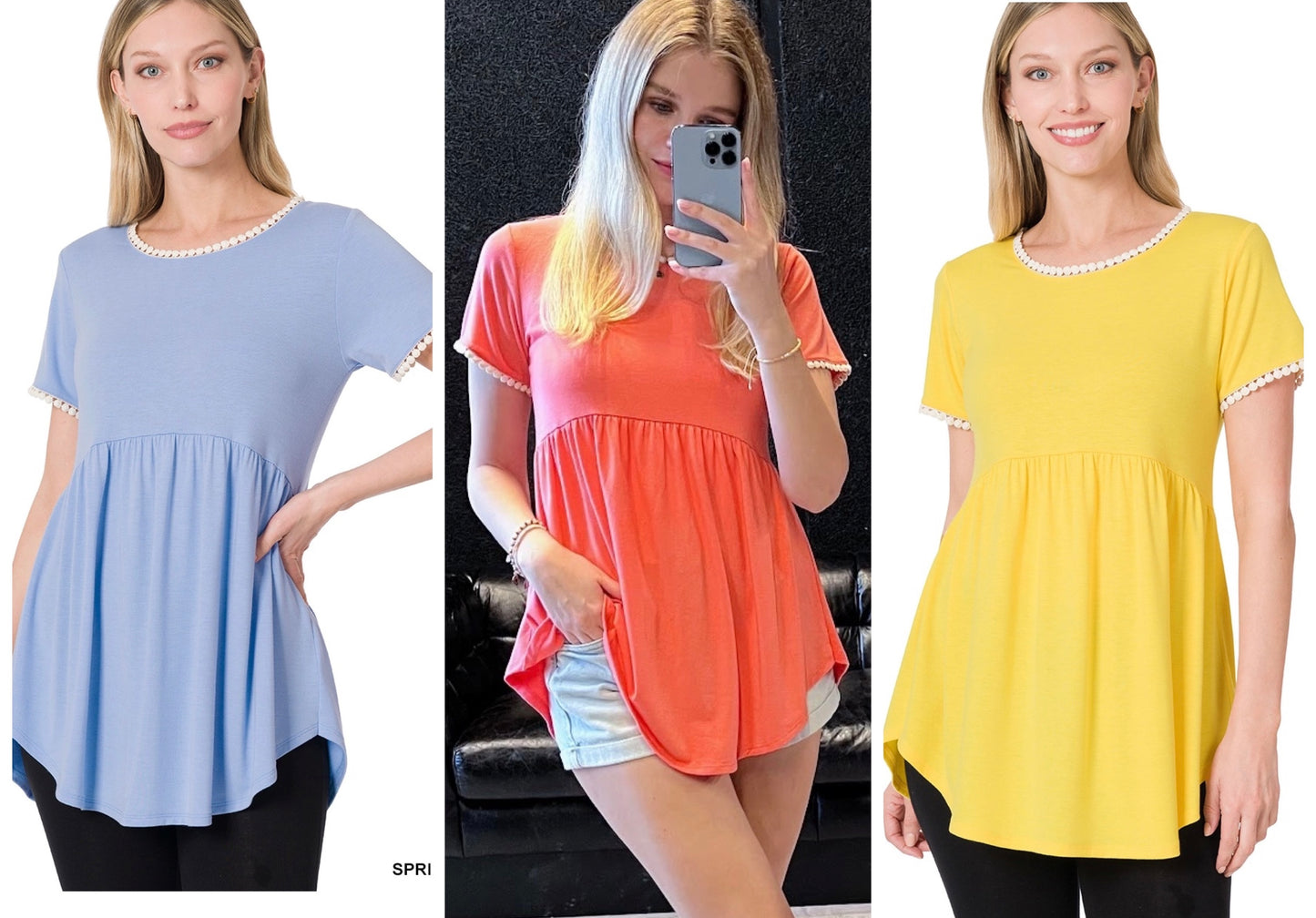 Short Sleeve Empire Waist Top with Pompom Accent