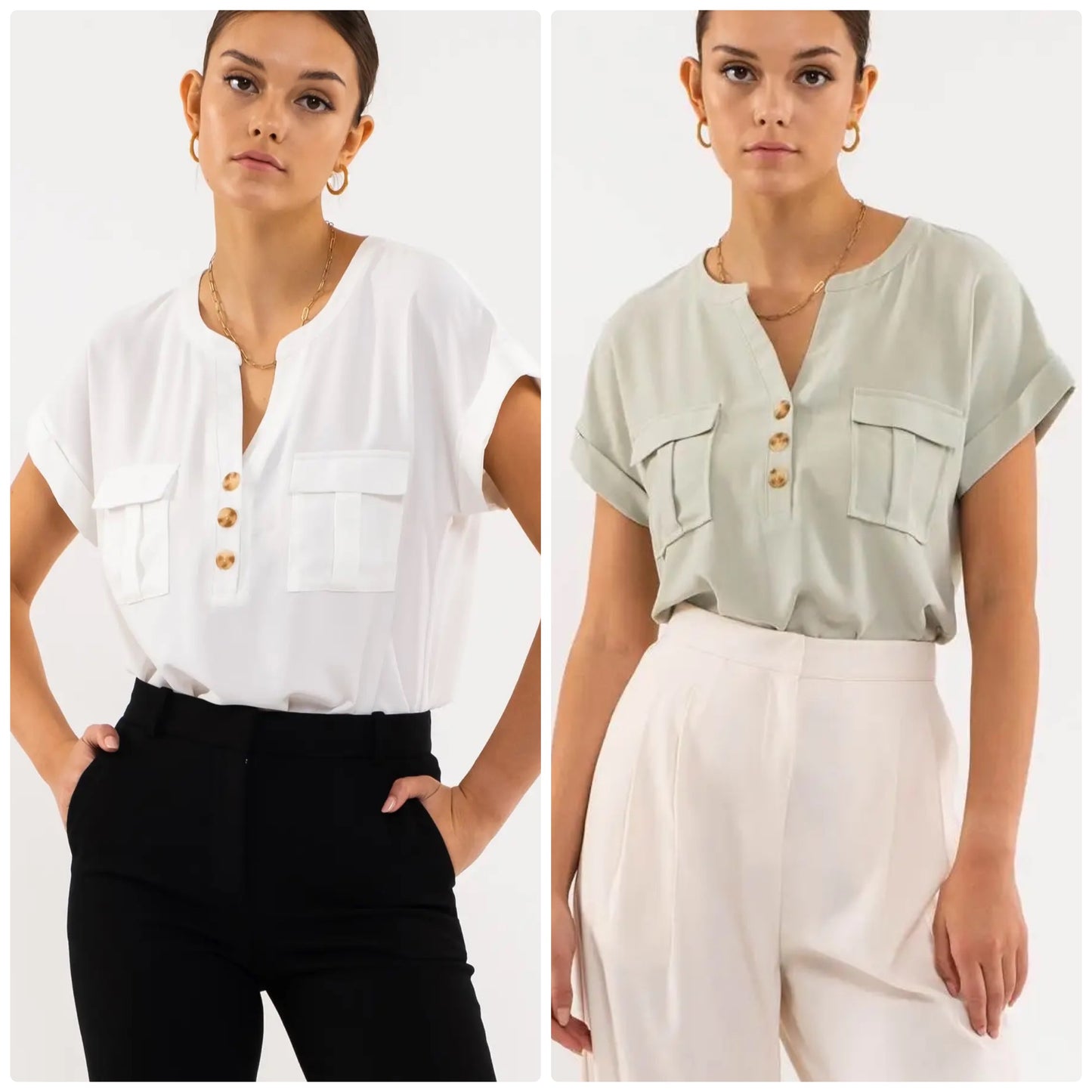 MINE Cuffed Short Sleeve Shirt with Front Pockets