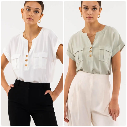 MINE Cuffed Short Sleeve Shirt with Front Pockets