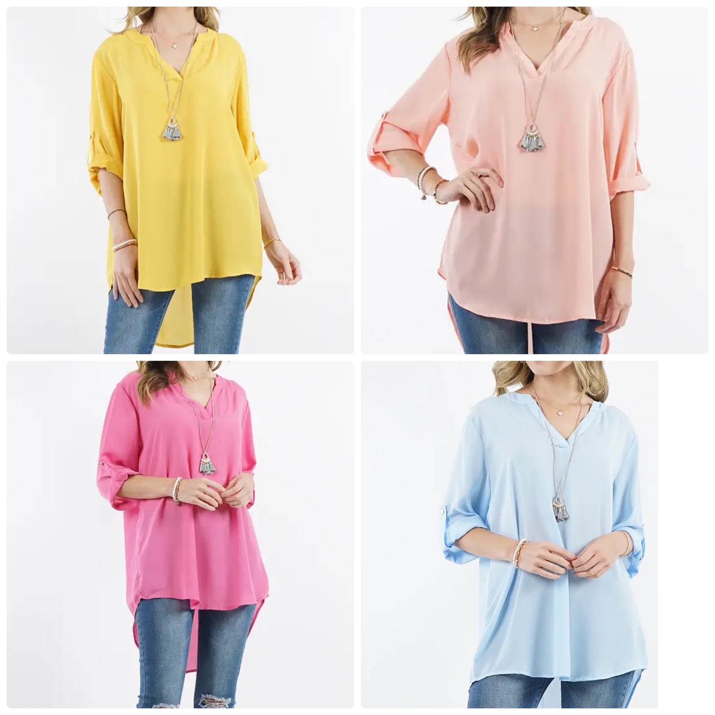 42POPS Fold Over Sleeve Notch Neck Hi-Low Top