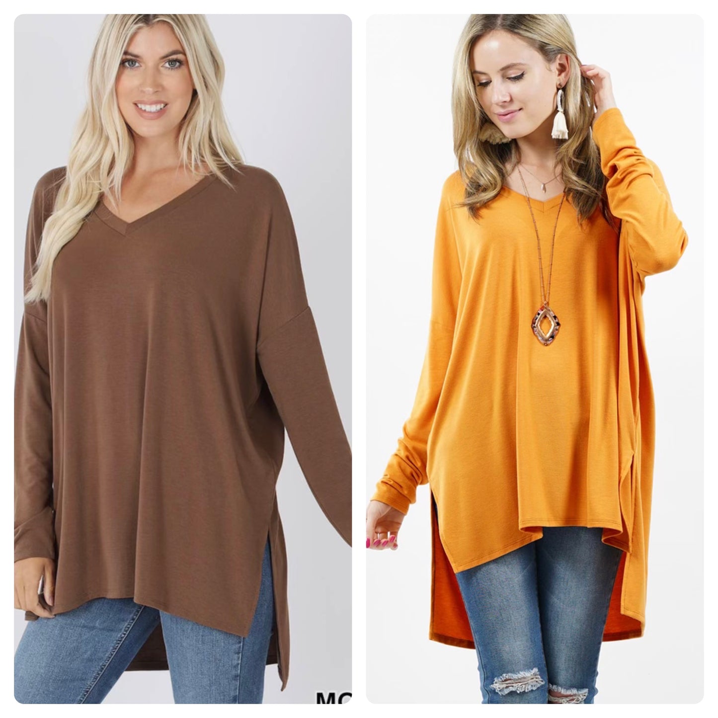 Zenana Long Sleeve V Neck Side Slit Hi-Low Hem Top