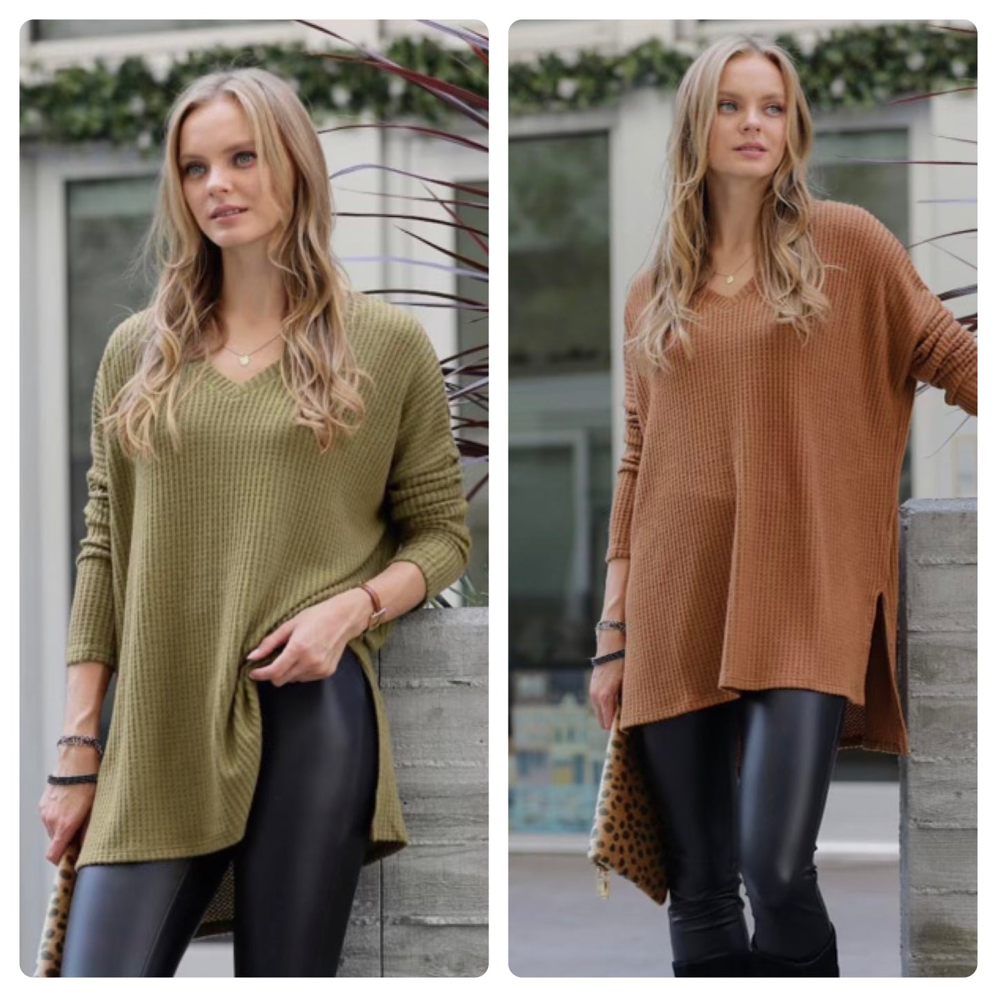 Zenana Thermal Waffle V Neck Hi-Low Hem Sweater