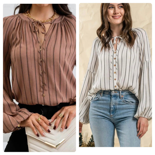 Mine Balloon Sleeve Striped Peasant Top