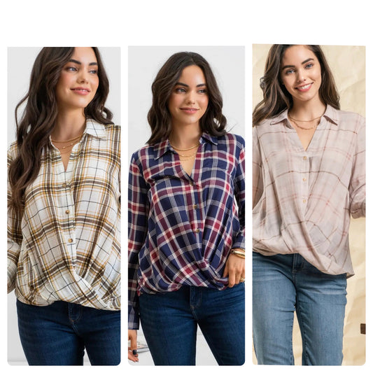 Blu Pepper Plaid Wrap Button Down Shirt