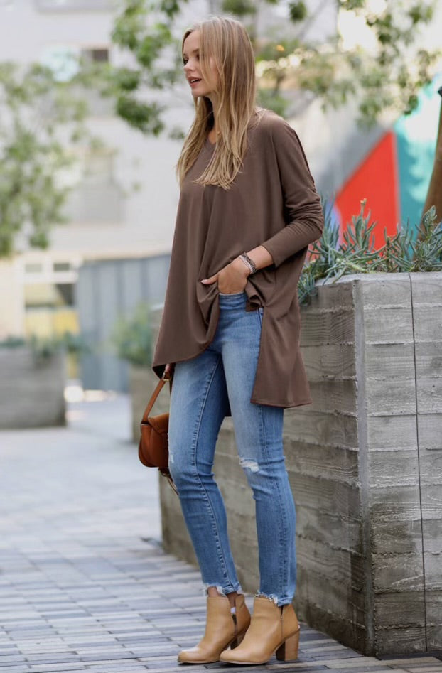 Zenana Long Sleeve V Neck Side Slit Hi-Low Hem Top