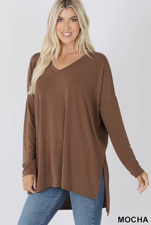 Zenana Long Sleeve V Neck Side Slit Hi-Low Hem Top