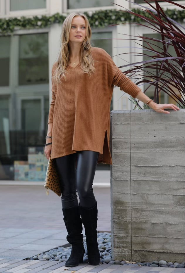 Zenana Thermal Waffle V Neck Hi-Low Hem Sweater