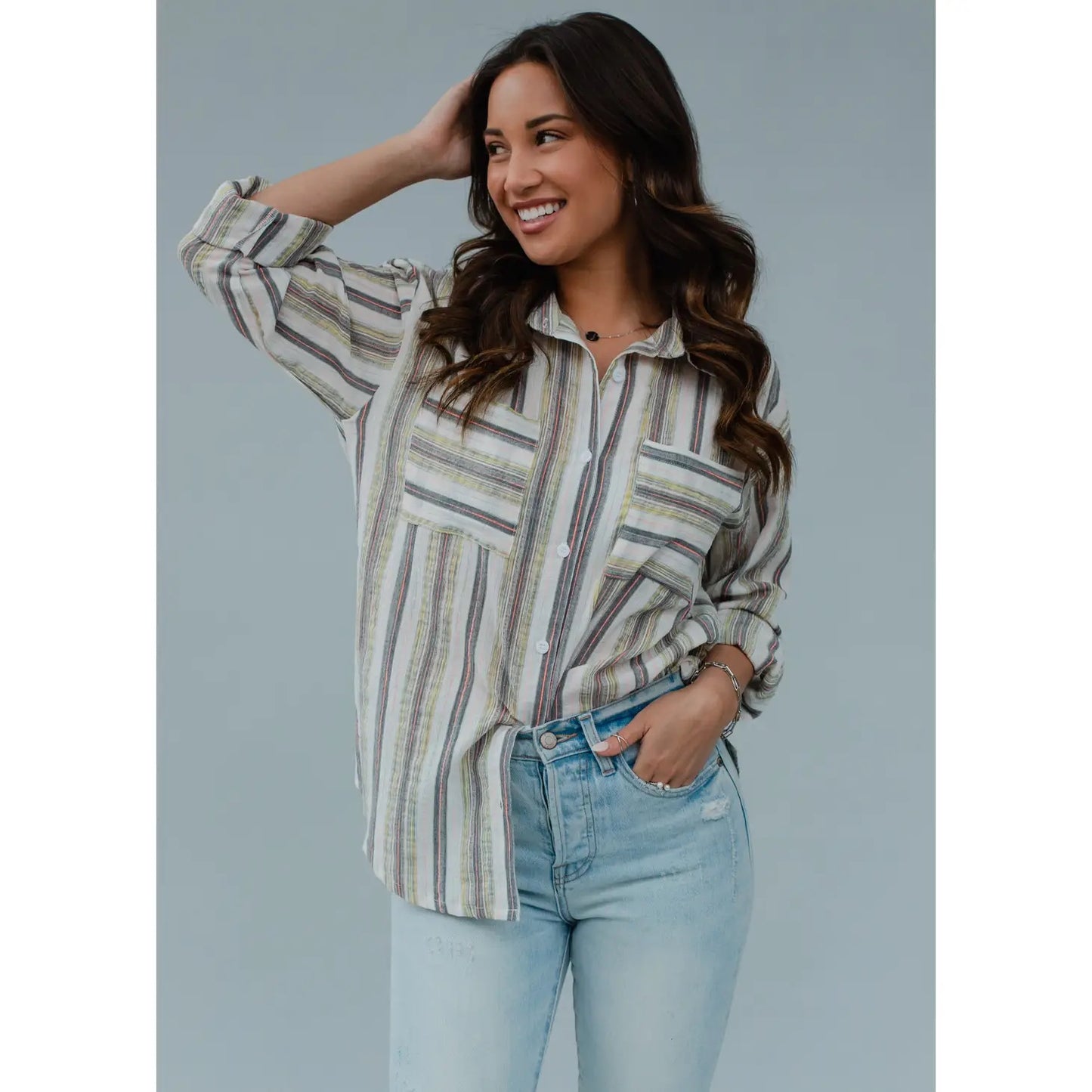 Gray & Yellow Striped Long Sleeve Button Up