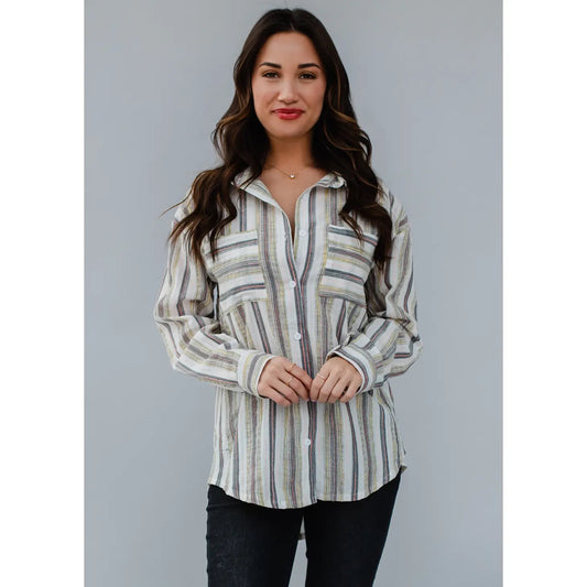 Gray & Yellow Striped Long Sleeve Button Up