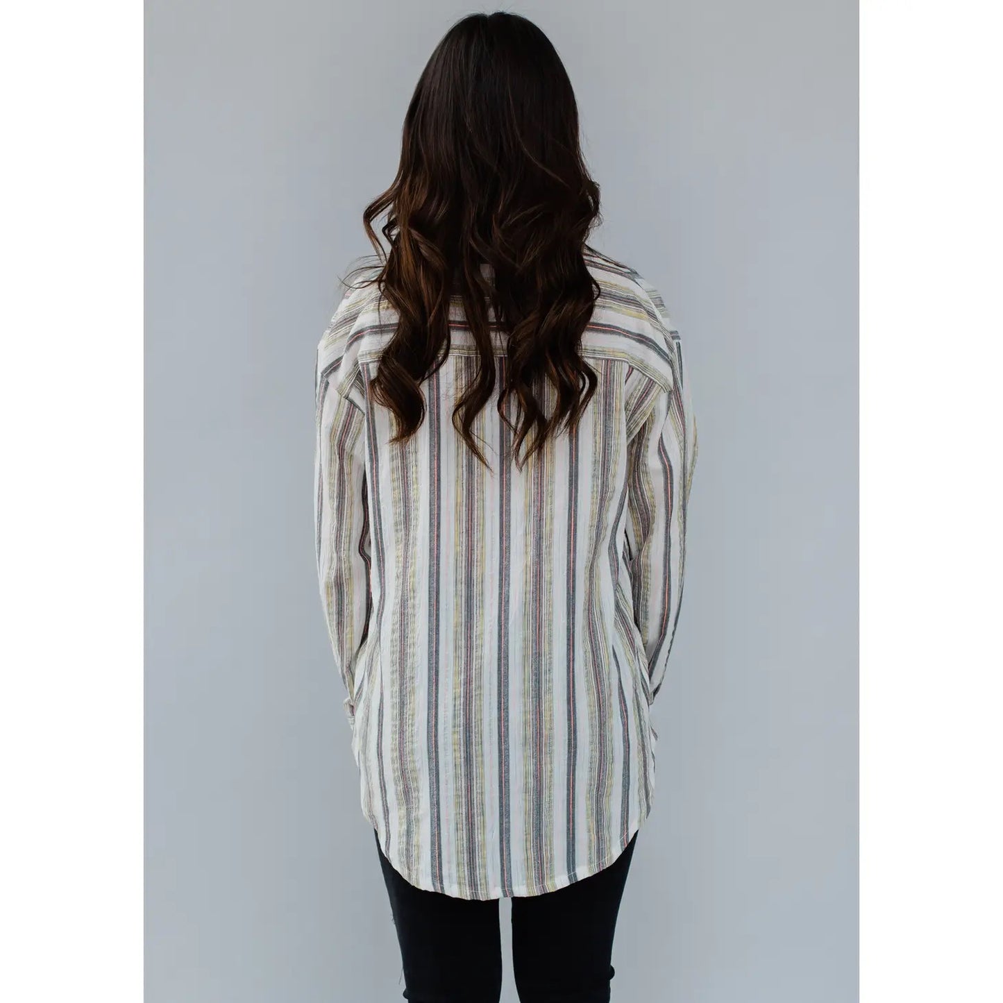 Gray & Yellow Striped Long Sleeve Button Up