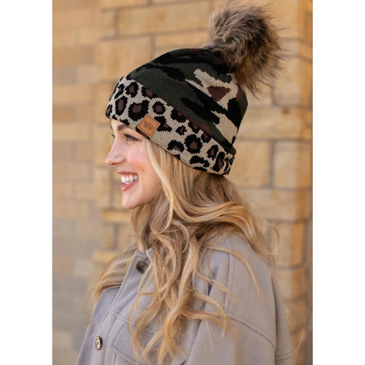 Green Camo Pom Hat w/ Leopard Trim