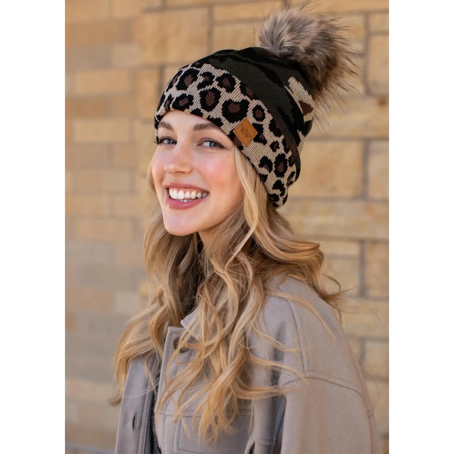 Green Camo Pom Hat w/ Leopard Trim