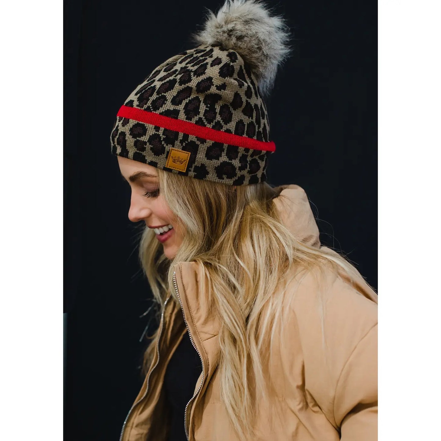 Leopard w/ Red Stripe Pom Hat