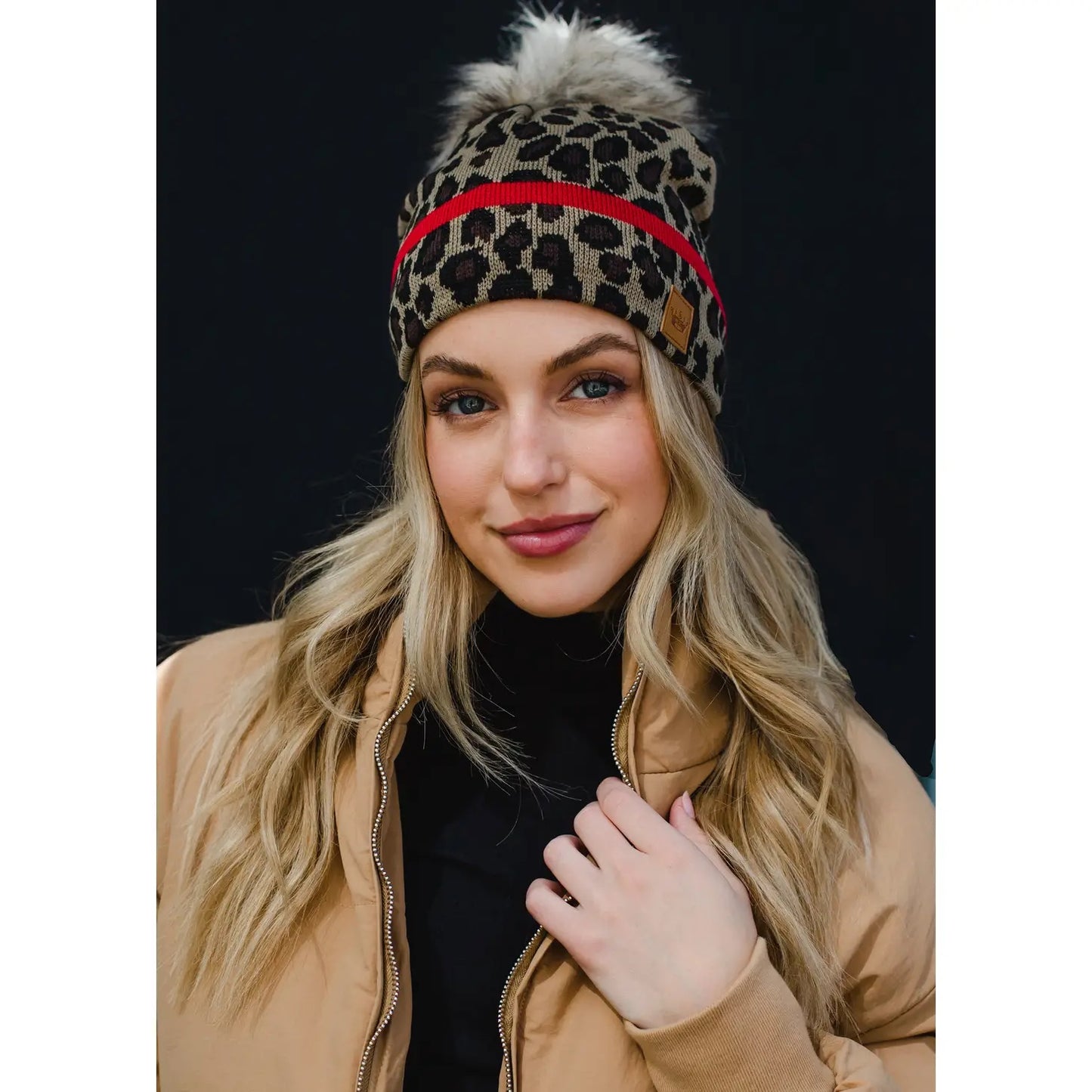 Leopard w/ Red Stripe Pom Hat