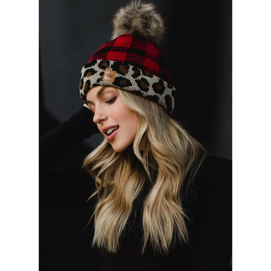Red Buffalo Plaid Pot Hat w/ Leopard Trim