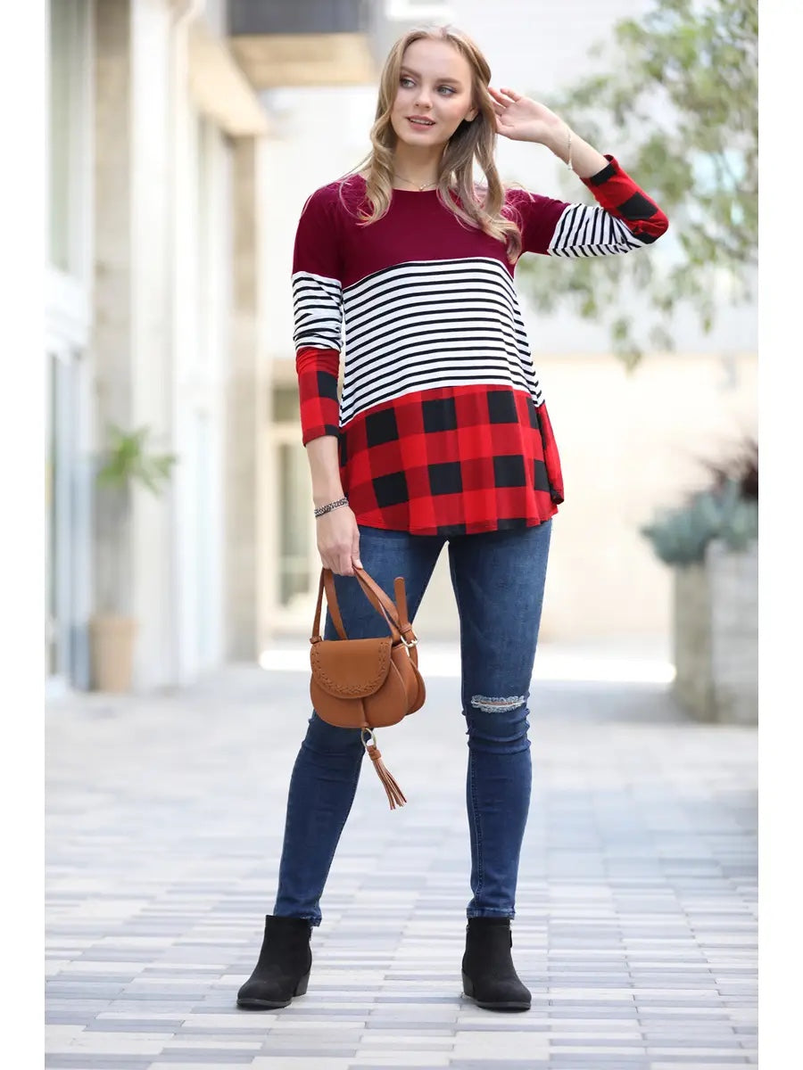 Zenana Christmas Plaid Striped Burgundy Shirt