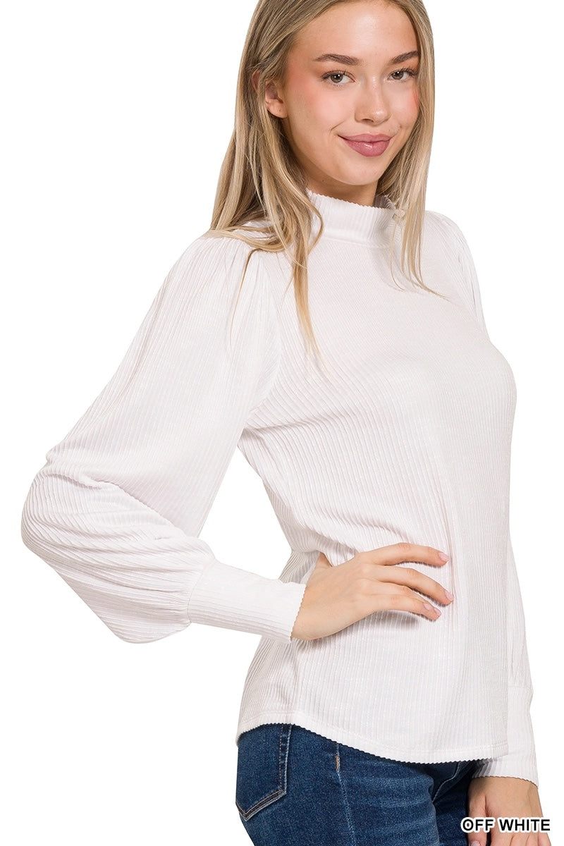 Zenana Ribbed Mock Neck Puff Long Sleeve Top