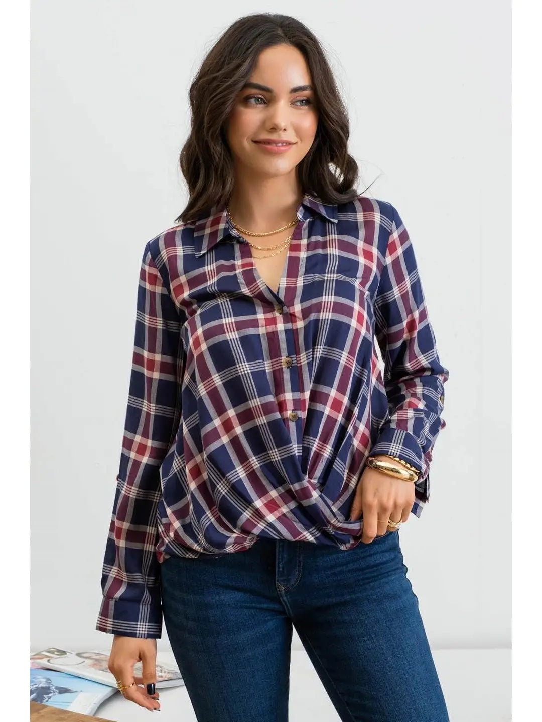 Blu Pepper Plaid Wrap Button Down Shirt