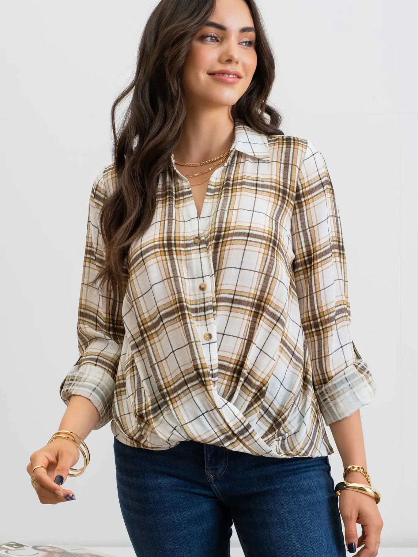 Blu Pepper Plaid Wrap Button Down Shirt