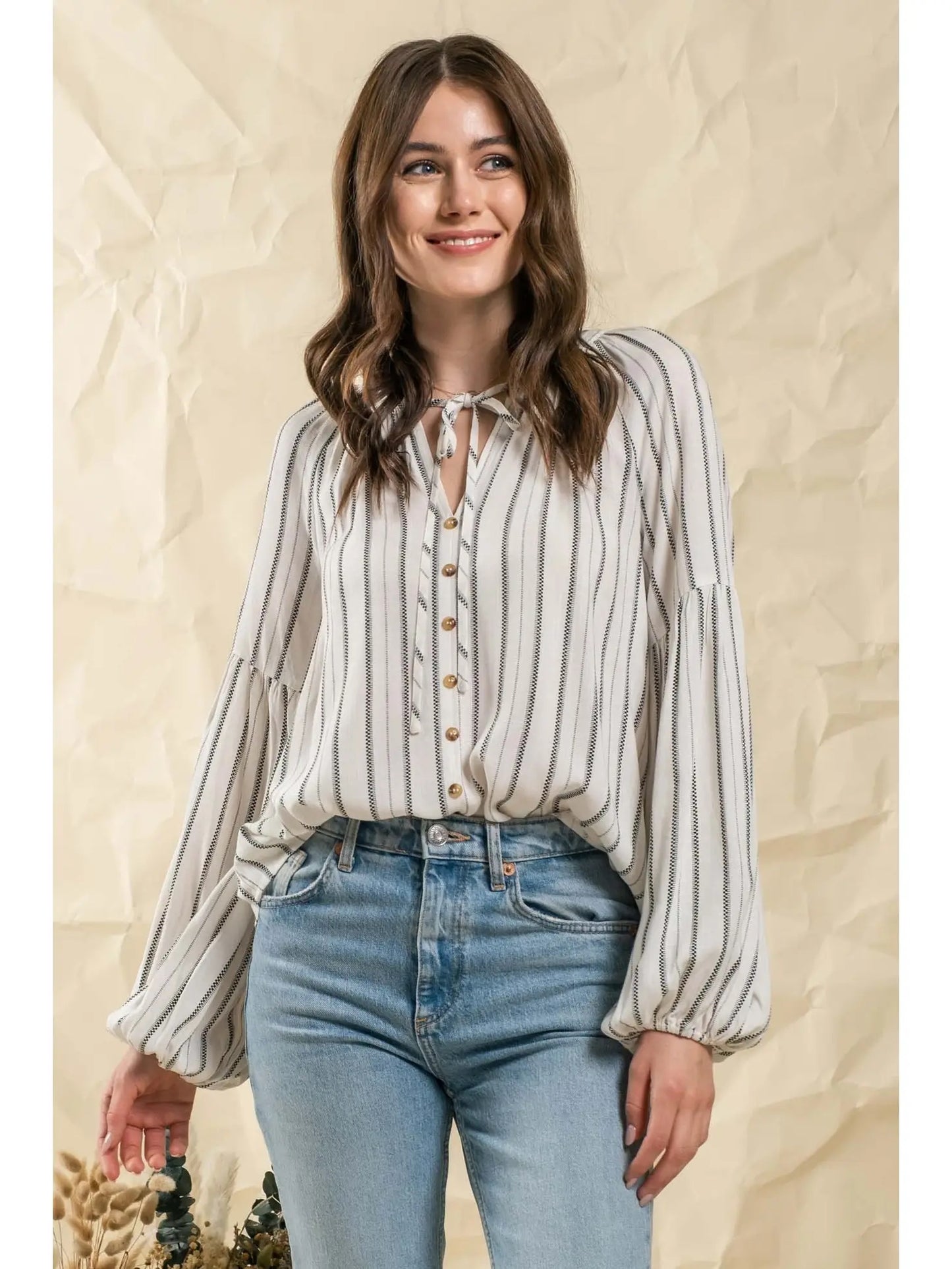 Mine Balloon Sleeve Striped Peasant Top