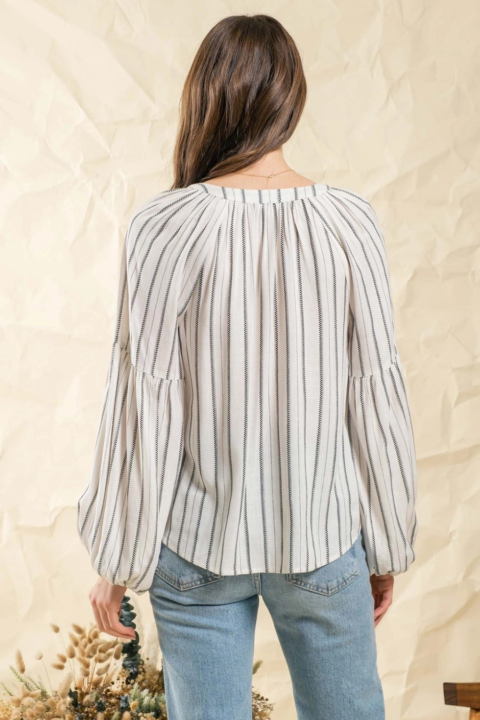 Mine Balloon Sleeve Striped Peasant Top