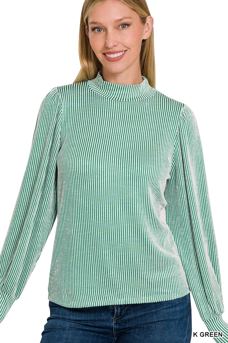 Zenana Ribbed Mock Neck Puff Long Sleeve Top