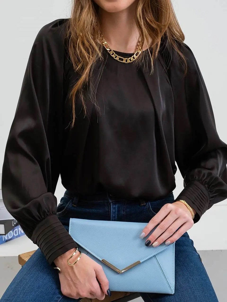 Blu Pepper Silk Long Sleeve Bishop Top