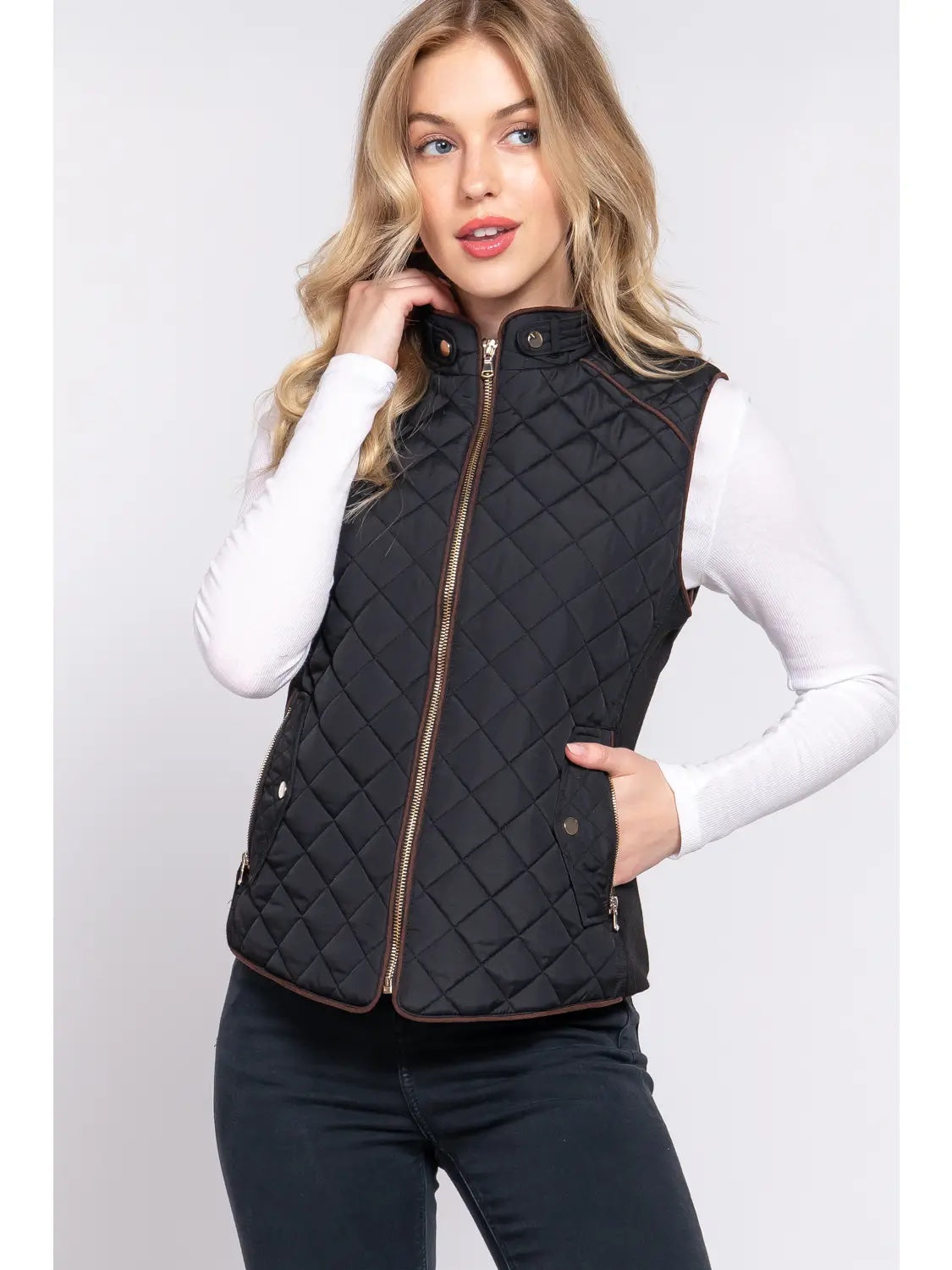 Slim Fit Suede Piping Quilted Padded Vest