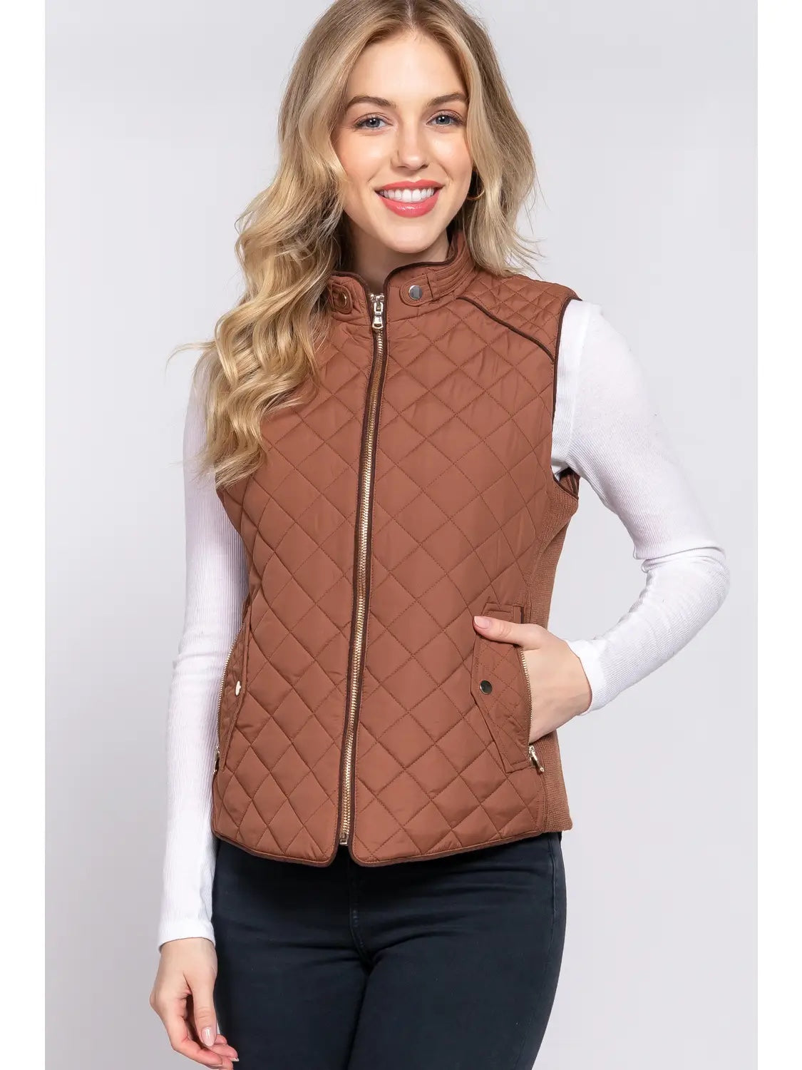 Slim Fit Suede Piping Quilted Padded Vest