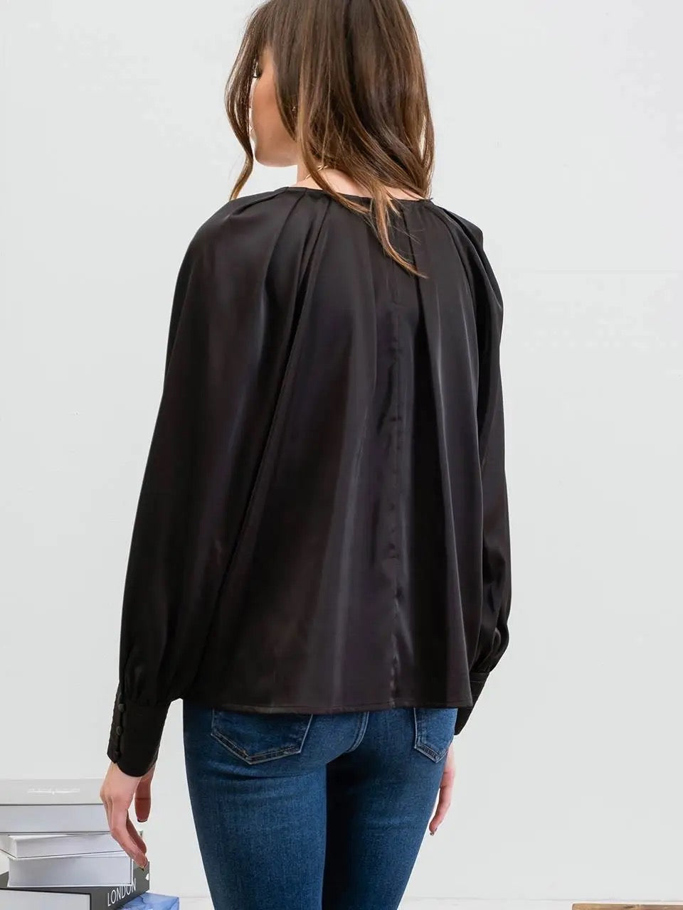 Blu Pepper Silk Long Sleeve Bishop Top