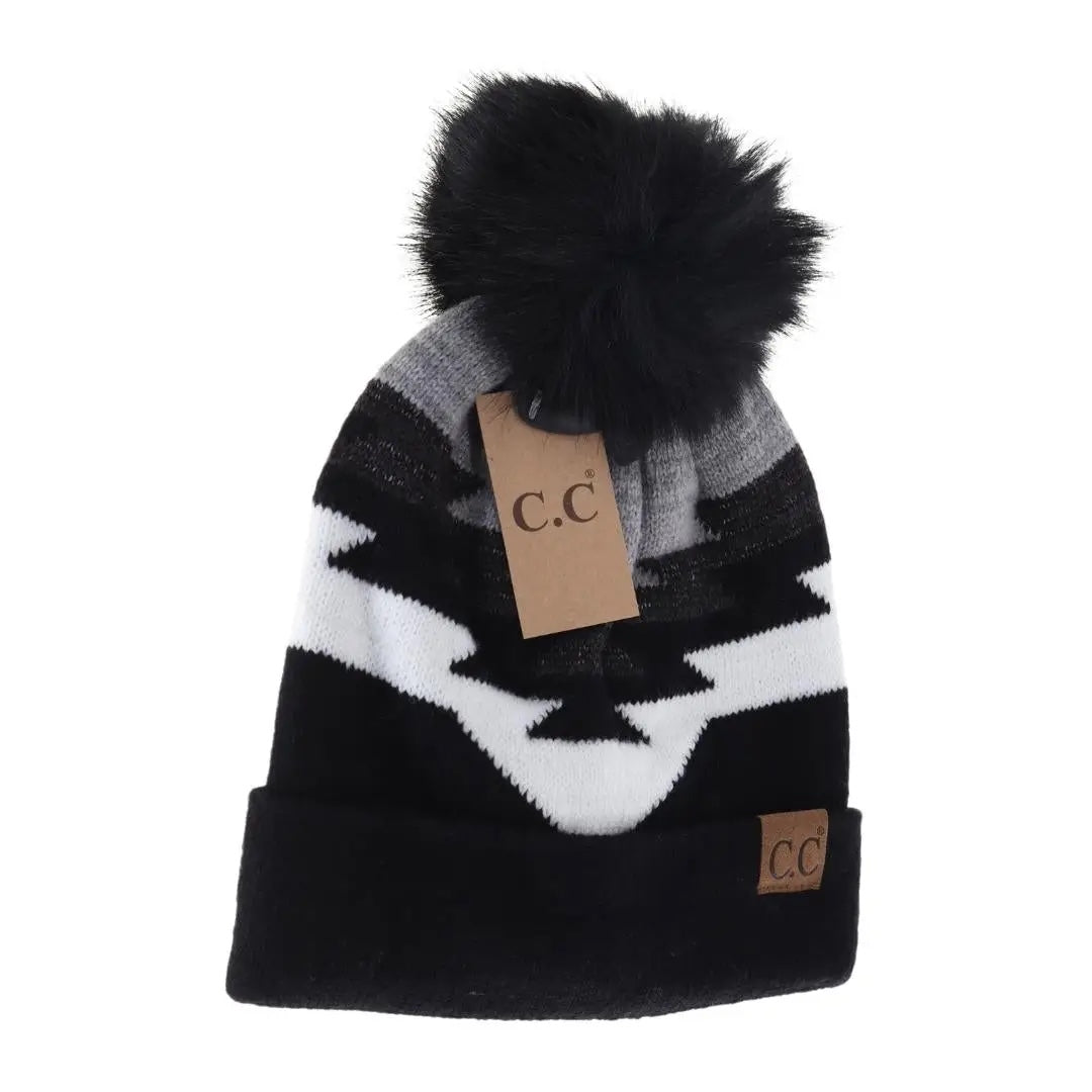 CC Beanie Aztec Faux Fur Pom