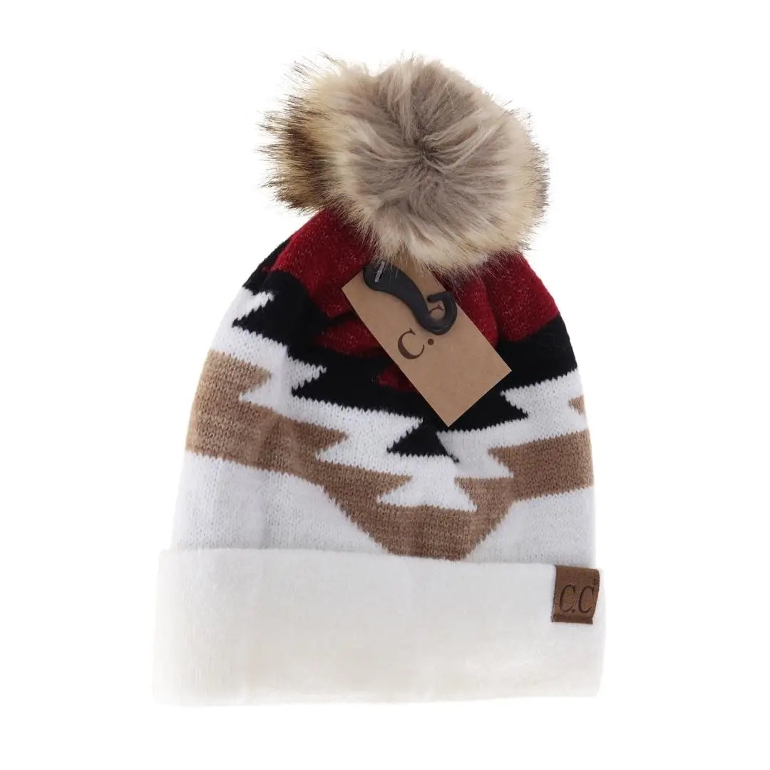 CC Beanie Aztec Faux Fur Pom