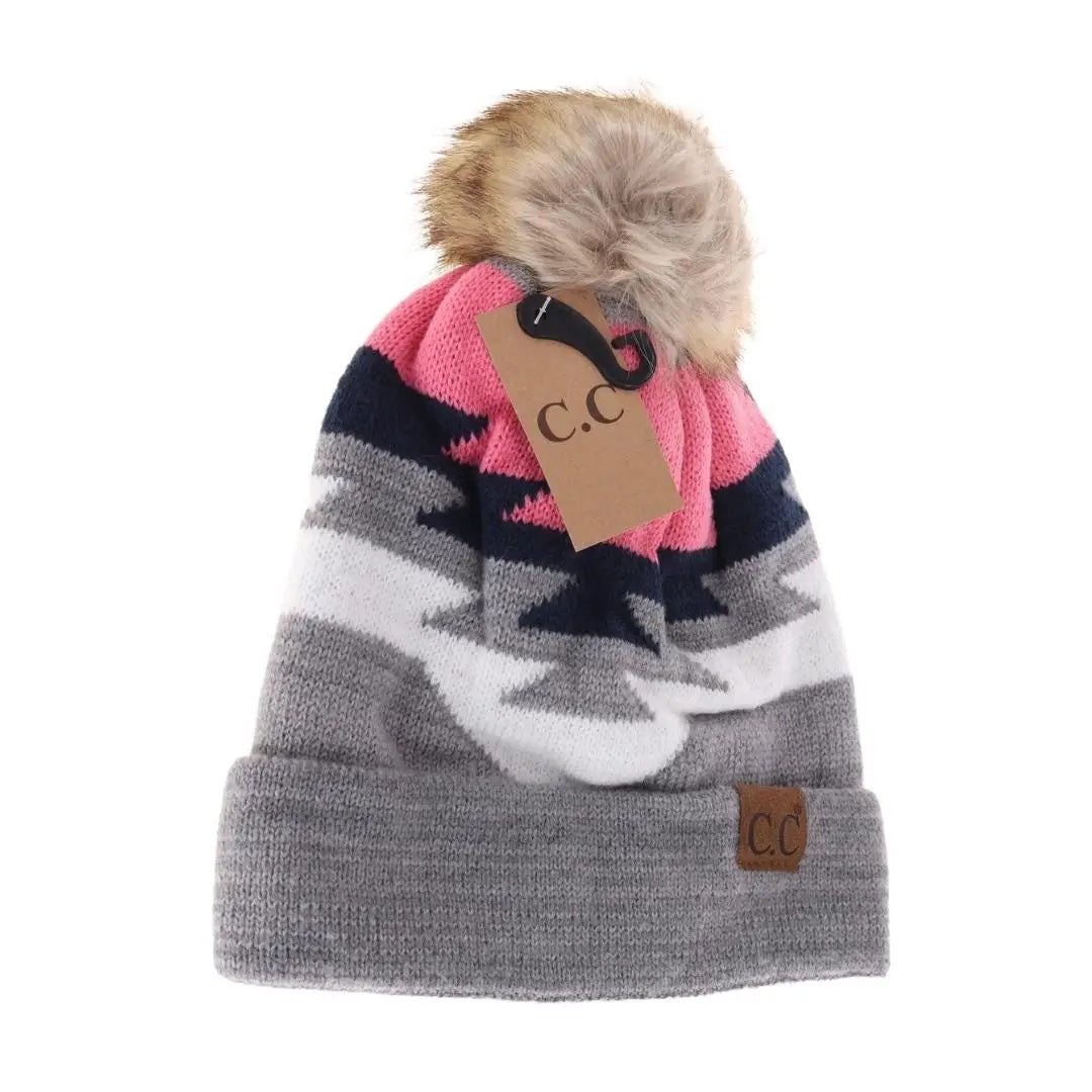 CC Beanie Aztec Faux Fur Pom