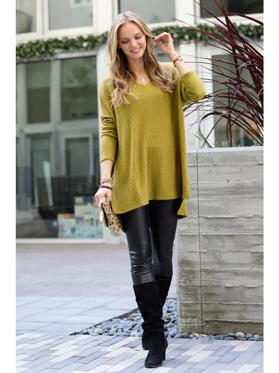 Zenana Thermal Waffle V Neck Hi-Low Hem Sweater