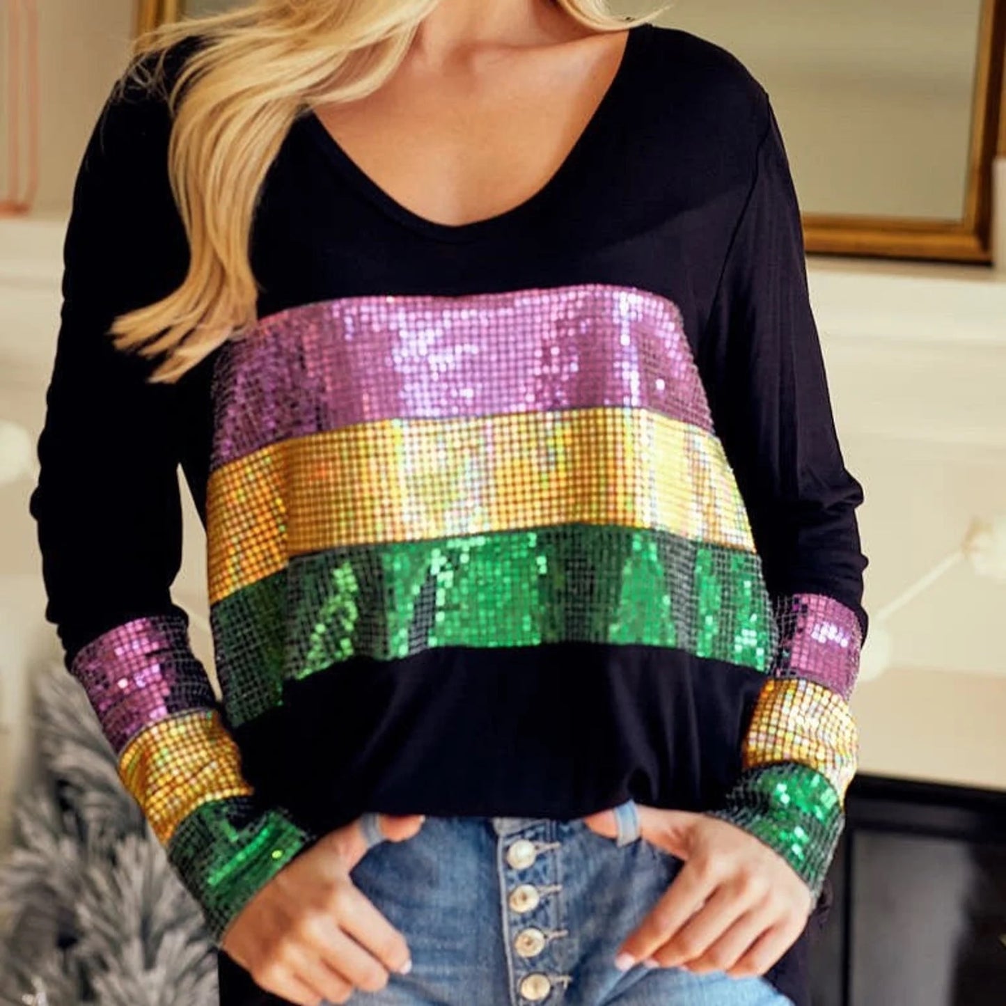 Bibi Mardi Gras Sequins Color Block Long Sleeve