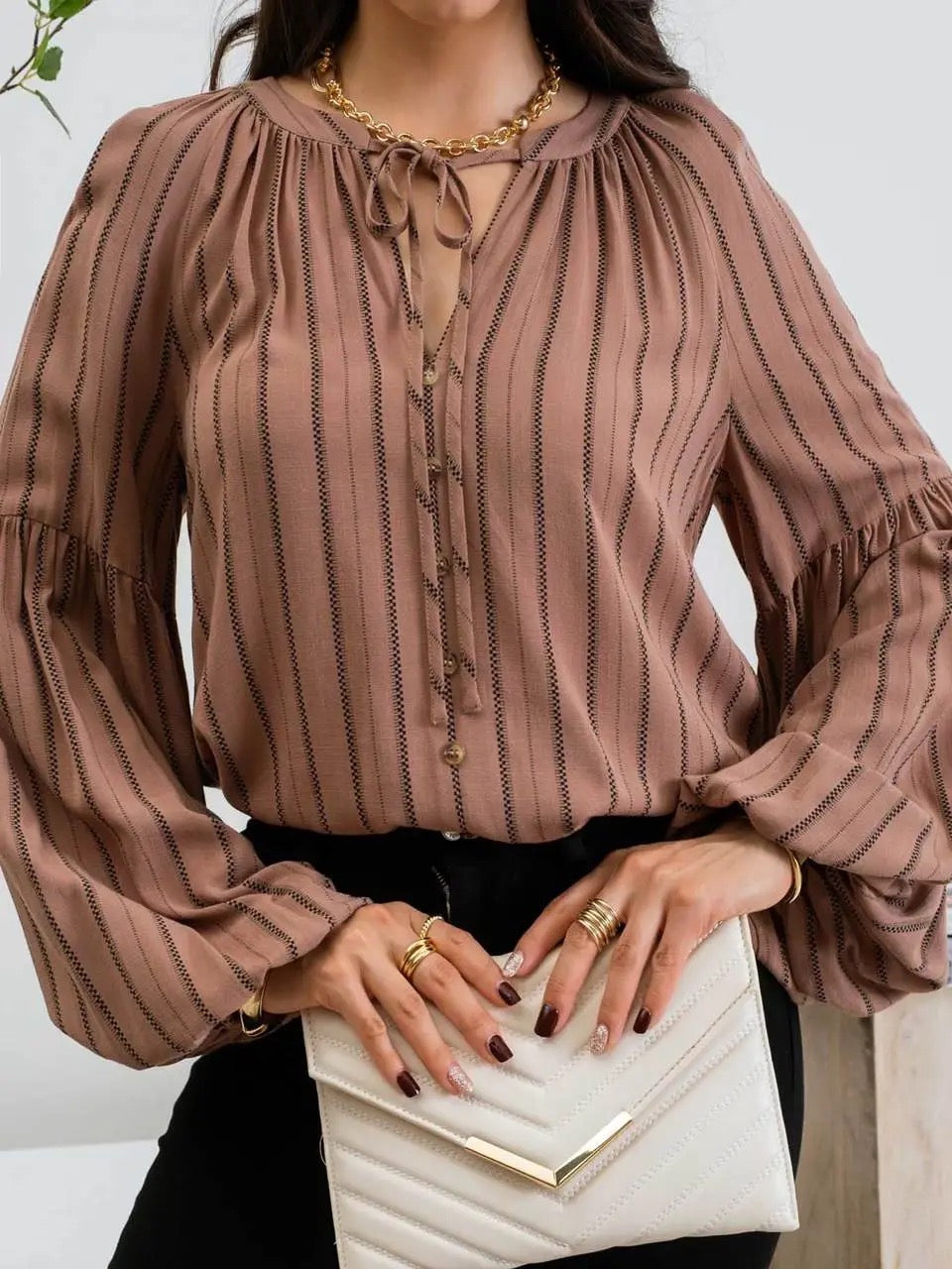 Mine Balloon Sleeve Striped Peasant Top