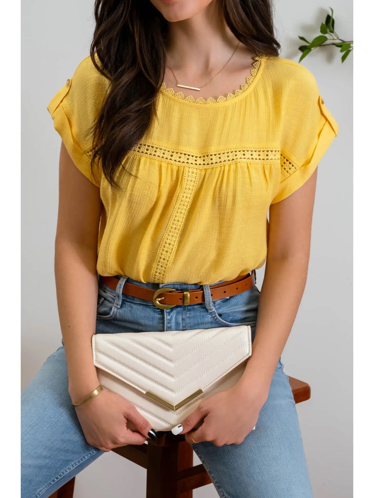 Blu Pepper Lace Trim Roll Sleeve Top