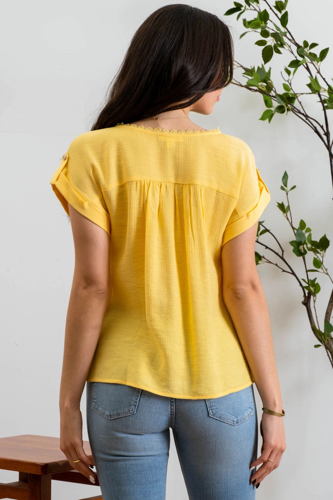 Blu Pepper Lace Trim Roll Sleeve Top