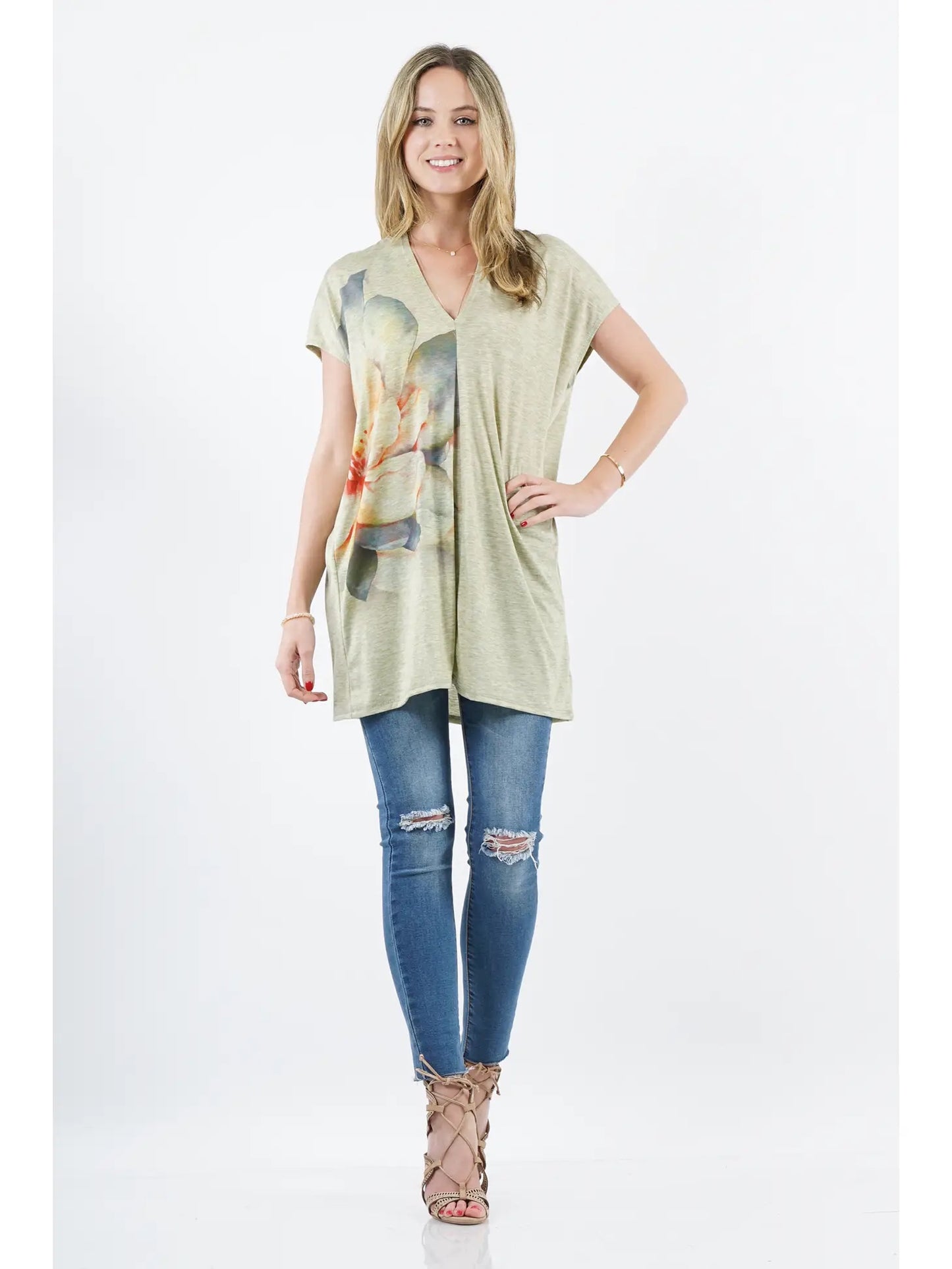 42Pops Flower Sublimation V Neck Tunic