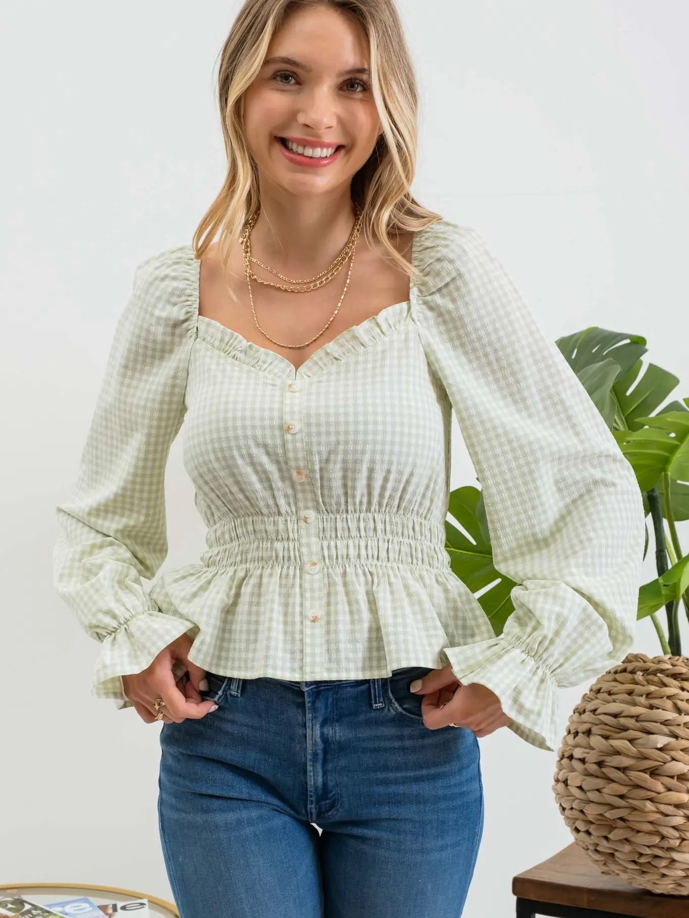 Blu Pepper Gingham Ruffled Top