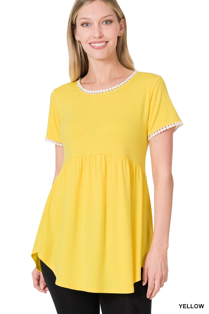 Short Sleeve Empire Waist Top with Pompom Accent