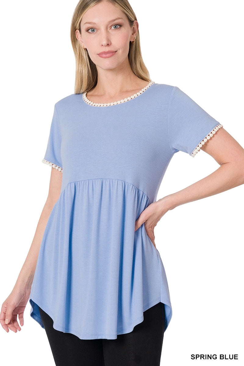 Short Sleeve Empire Waist Top with Pompom Accent