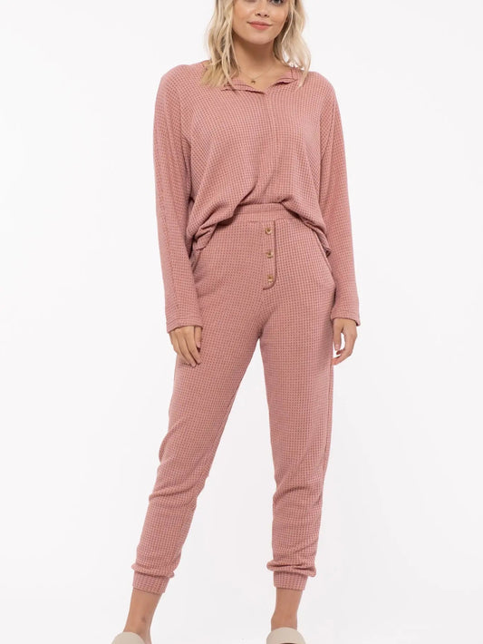 Blu Pepper Waffle Knit Split Neck Set
