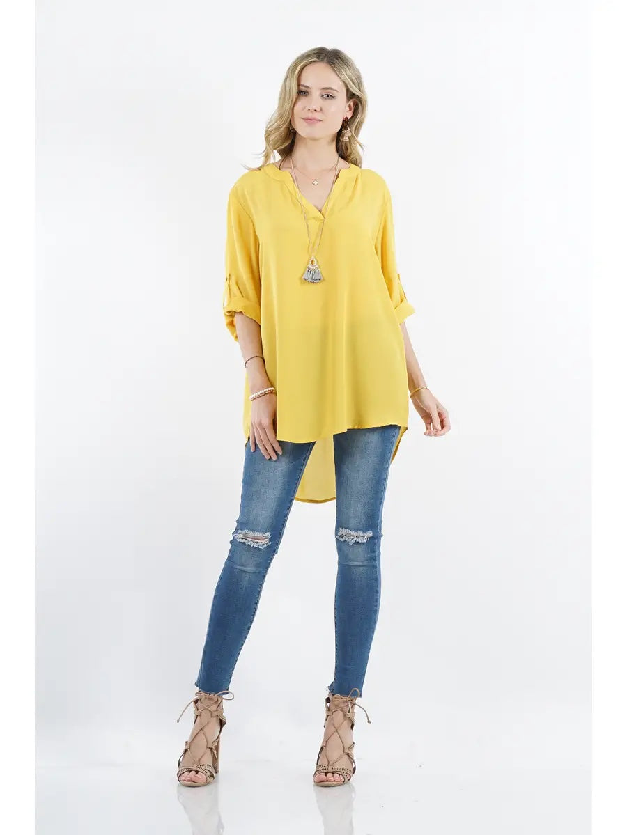 42POPS Fold Over Sleeve Notch Neck Hi-Low Top
