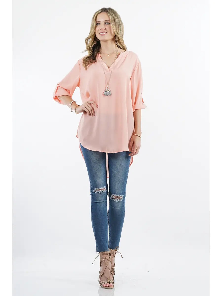 42POPS Fold Over Sleeve Notch Neck Hi-Low Top