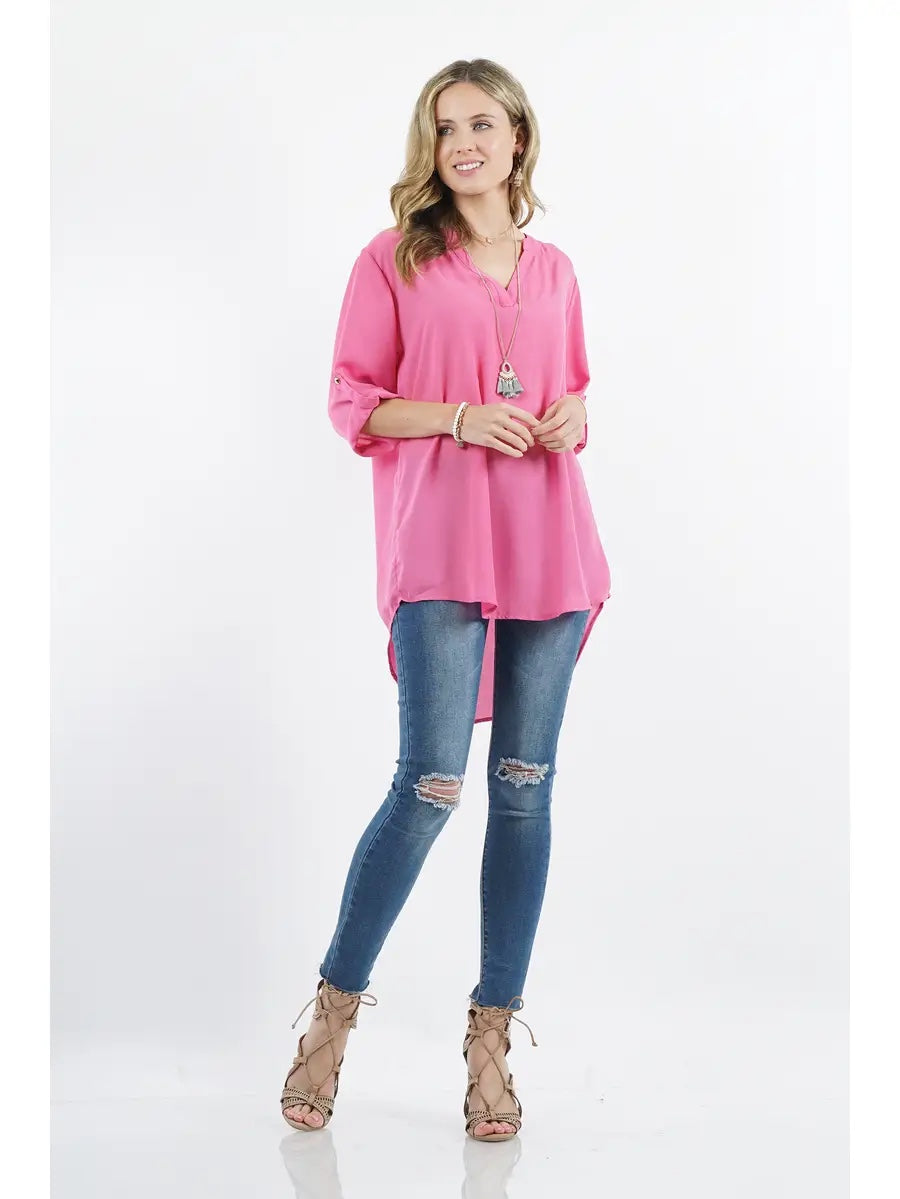 42POPS Fold Over Sleeve Notch Neck Hi-Low Top