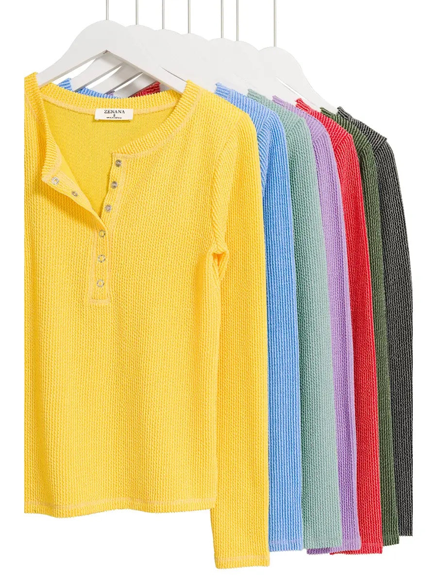 Yellow Zenana Textured Snap Button Front Long Sleeve Top