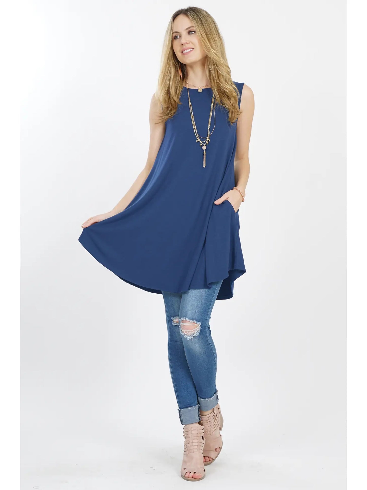 Navy Zenana Premium Sleeveless Pocket Swing Tunic with Pockets