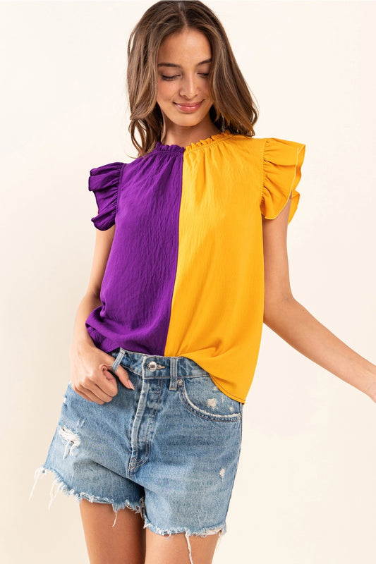Game Day Ruffle Flutter Sleeve Wooven Top