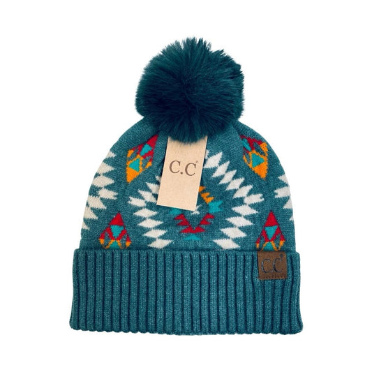 CC Beanie Aztec Patterned Faux Fur Pom